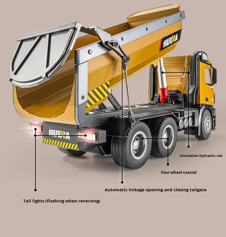 Huina 1573 - 1:14 RC Dump Truck - 2.4GHz Full Function Heavy Duty Construction Tipper with Realistic Dump Bed & LED Lights description image 5