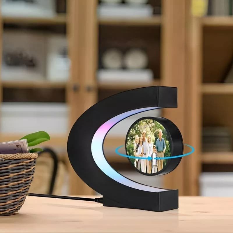 Floating Magnetic Photo Frame with 360° Rotation – Levitating LED Display for Desk, Home & Office Décor - Black