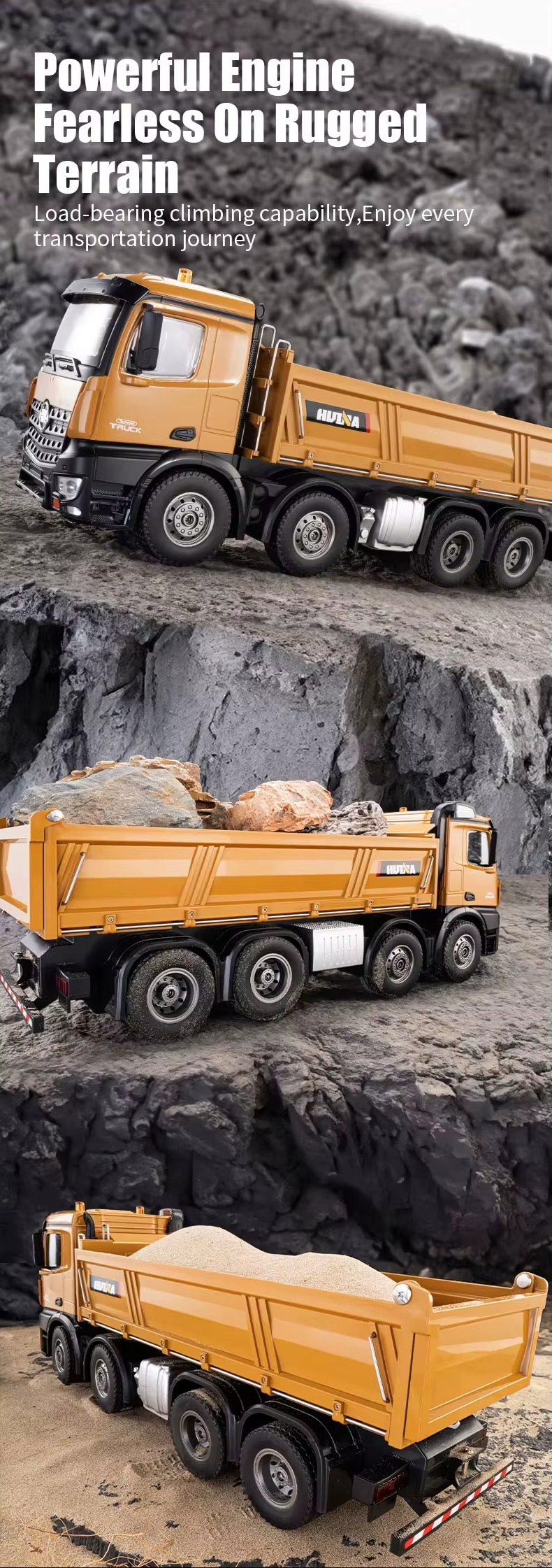 Huina 1536 1:14 RC Dump Truck | 12CH 8-Wheel Alloy Remote Control Construction Vehicle, Heavy Duty Engineering Truck Toy with 2.4GHz Control & Rechargeable Battery description image 5