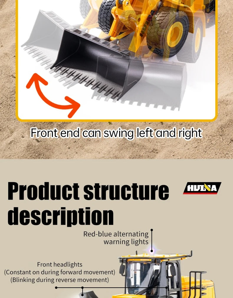 Huina 1552 - 1:16 RC Wheel Loader | 2.4GHz 11CH Semi-Alloy Front End Construction Loader with Metal Bucket, Lights & Sound description image 5