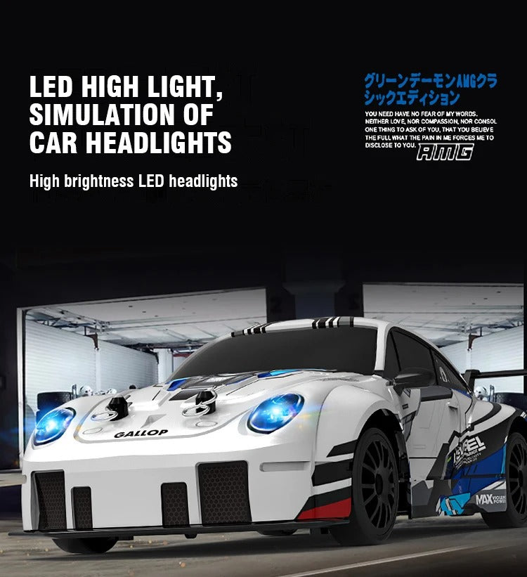 1:24 Scale 2.4GHz 4WD RC Drift Racing Car with LED Headlights PVC Body Spring Suspension High Speed Stunt Drift Remote Control Car for Kids description image 5