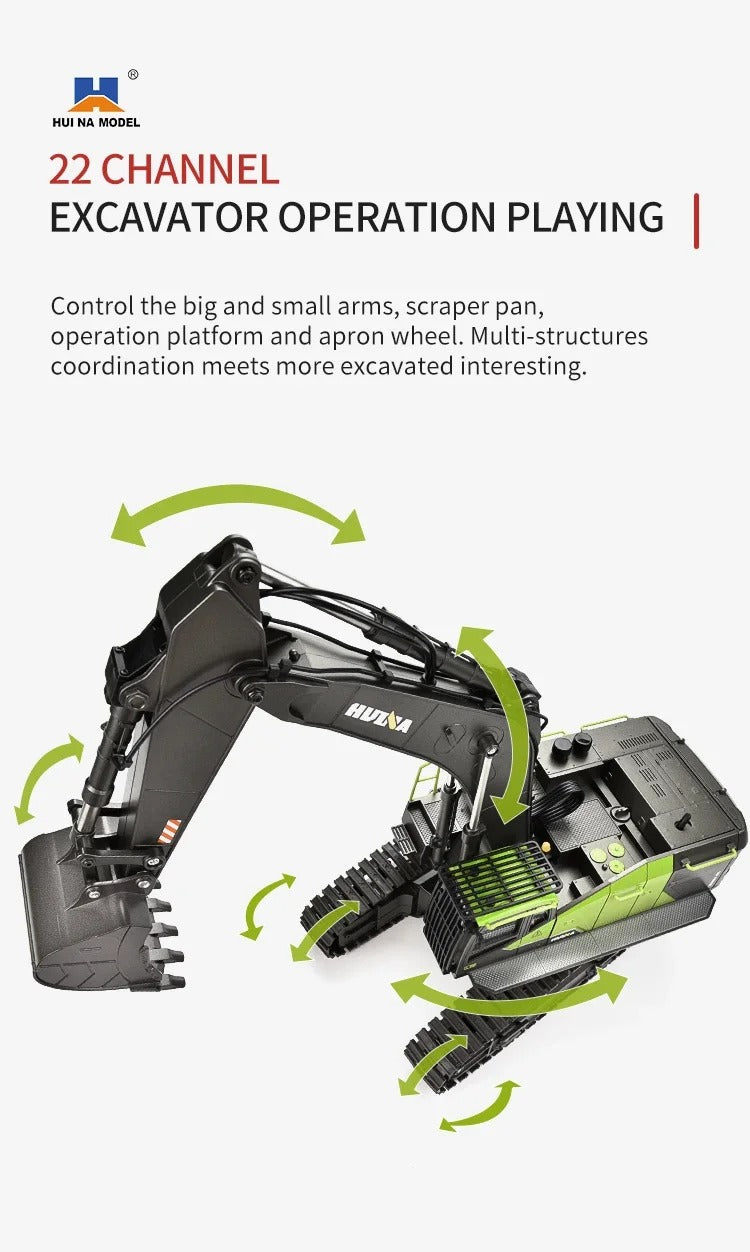 Huina 1593 - 1:14 RC Excavator | 2.4GHz 22CH Semi-Alloy Full Function Construction Digger with Realistic Lights & Sound description image 5