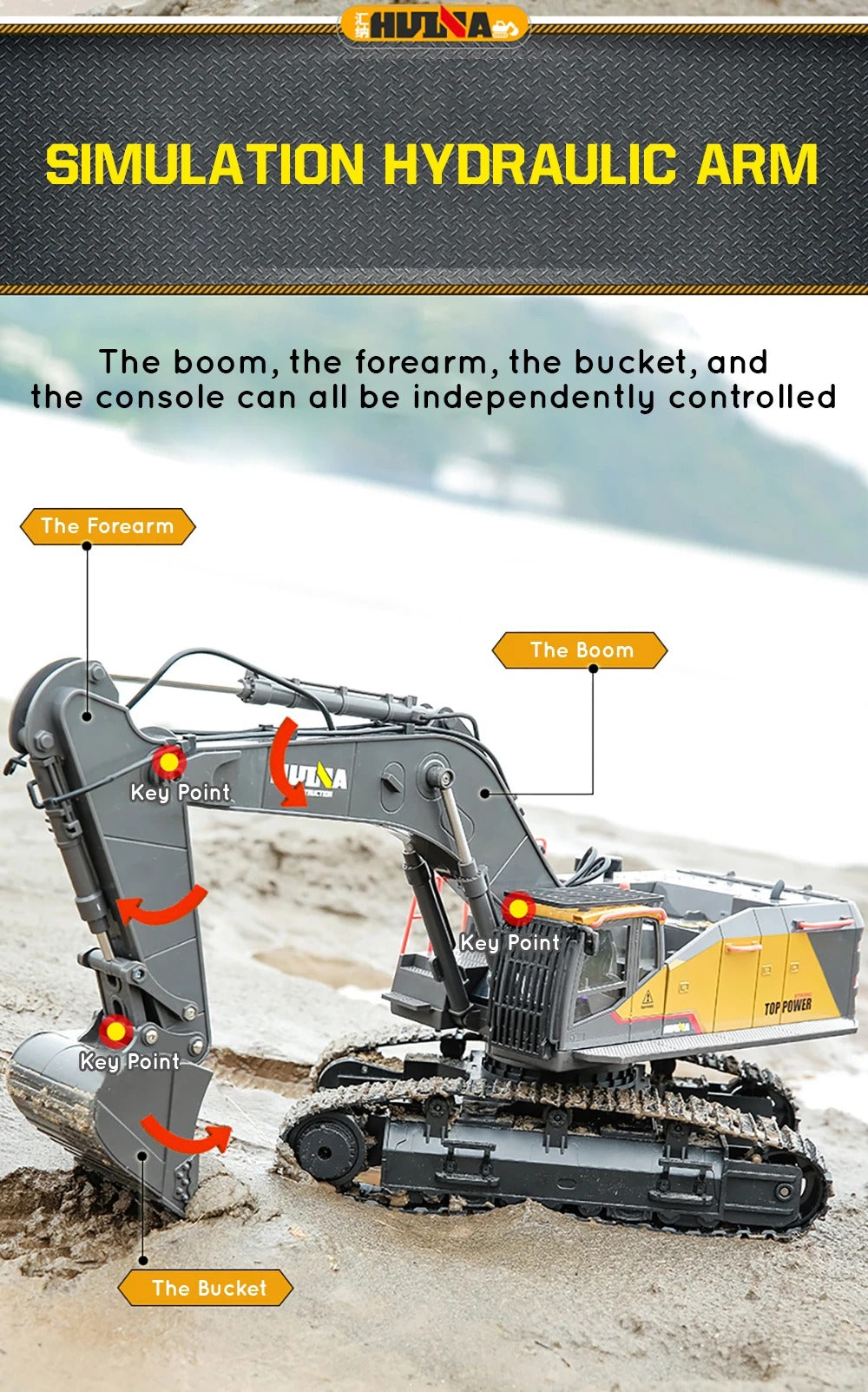 Huina 1592 - 1:14 RC Excavator | 2.4GHz 22CH Semi-Alloy Construction Digger with Metal Bucket, Realistic Lights & Sound description image 5