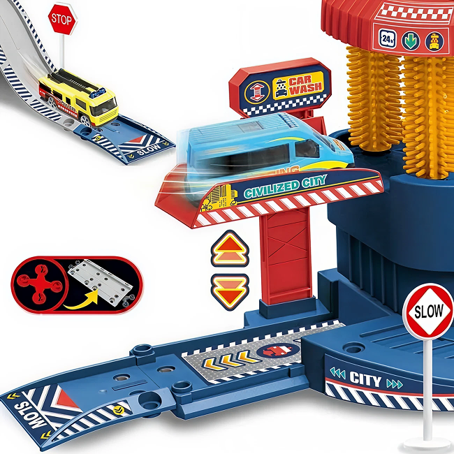 Multifunctional Urban Car Wash and City Parking Garage Playset with 1:64 Alloy Cars, Helicopter, Ramp Track & Color Change Car Toy Set