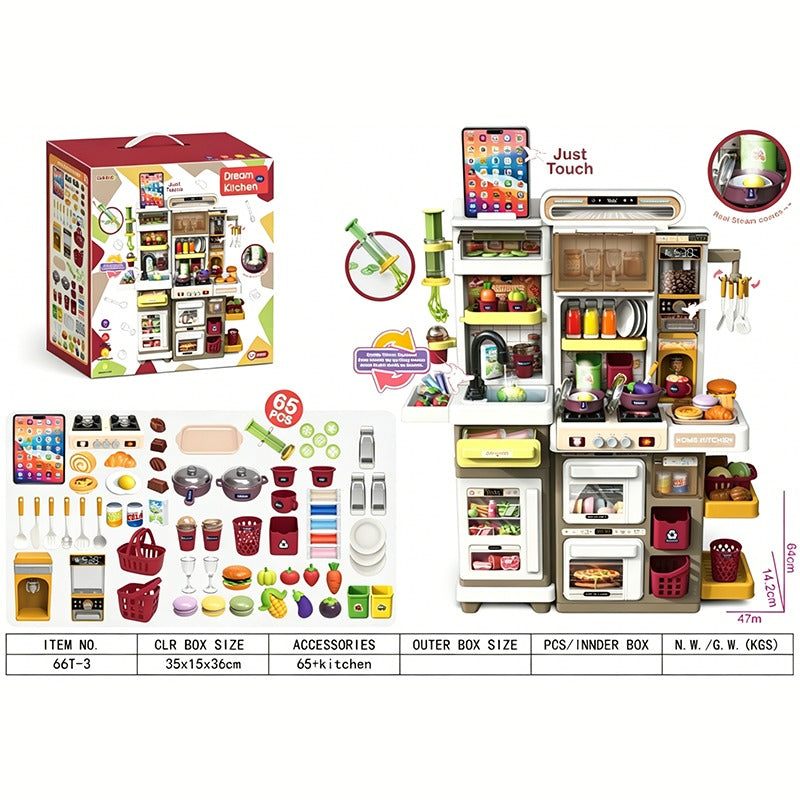 Kids Dream Kitchen Playset 66T-1, 66T-2, 66T-3, 66T-4 with 65 Accessories, Interactive Pretend Cooking Set with Light-Up Stove, Water Play Sink, Oven, Refrigerator, Coffee Maker, Pots, Pans, Utensils and Play Food, Ages 3+