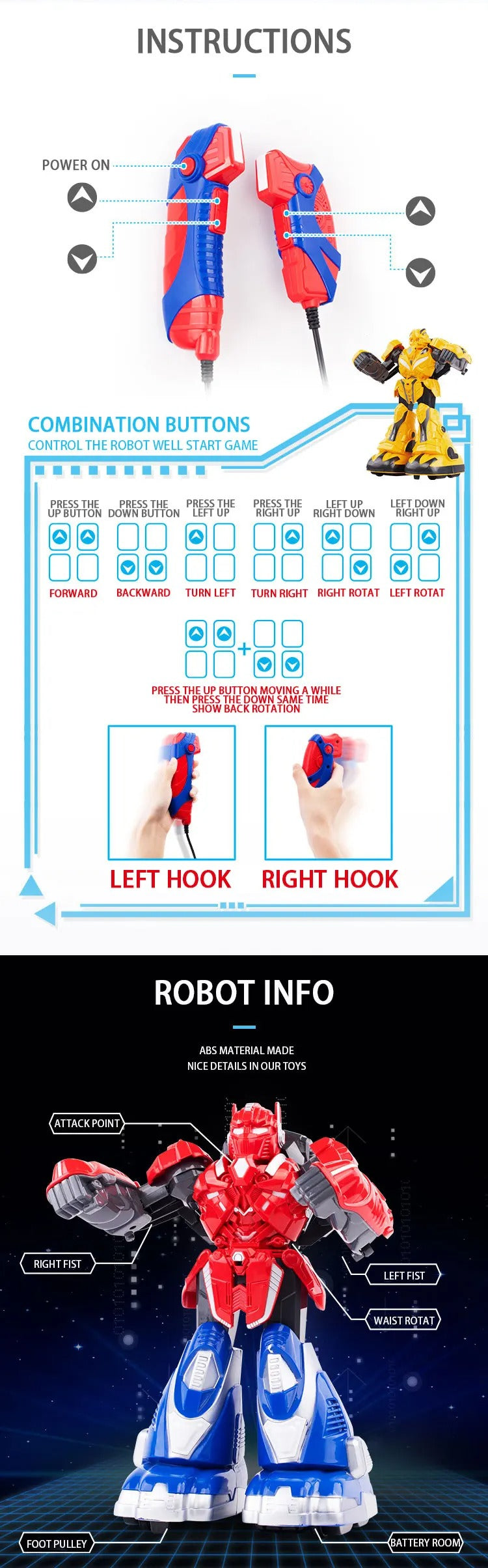 Interactive Boxing Battle Robot Toy Set for Kids | 2 Player Fighting Robots with Wired Controllers, Punch Action & Battle Game Fun description image 6