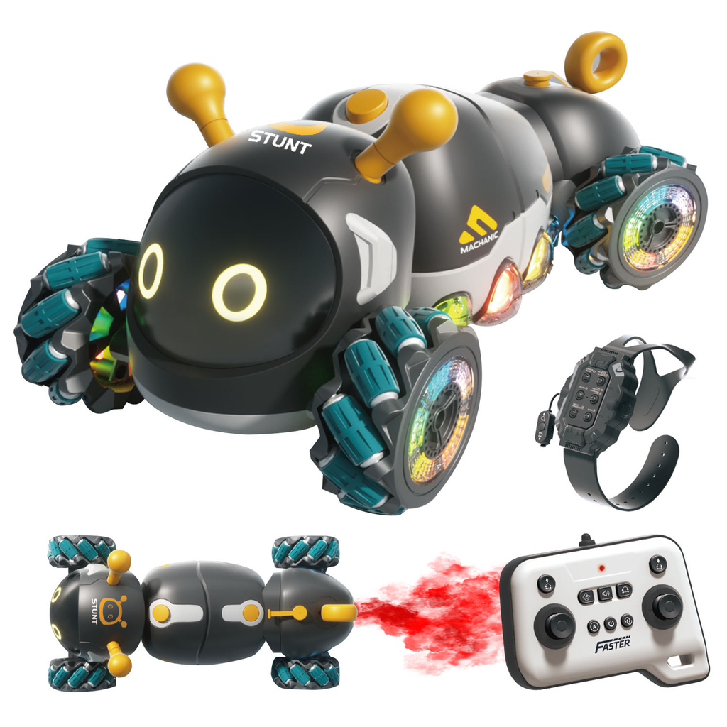 2.4GHz RC Mech Stunt Insect Car, 360° Spin & Omni-Directional Driving, Flexible Torsion Body, LED Lights, Sound Effects, Photoelectric Mist Spray, One-Button Demo, Rechargeable Battery