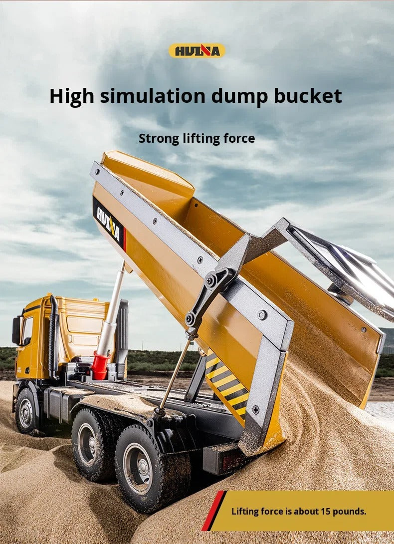 Huina 1573 - 1:14 RC Dump Truck - 2.4GHz Full Function Heavy Duty Construction Tipper with Realistic Dump Bed & LED Lights description image 6