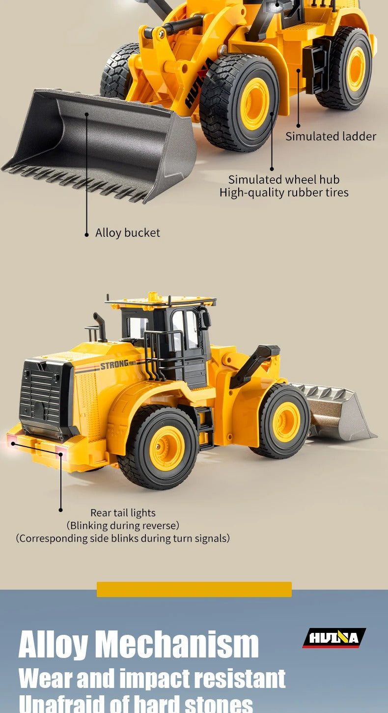 Huina 1552 - 1:16 RC Wheel Loader | 2.4GHz 11CH Semi-Alloy Front End Construction Loader with Metal Bucket, Lights & Sound description image 6