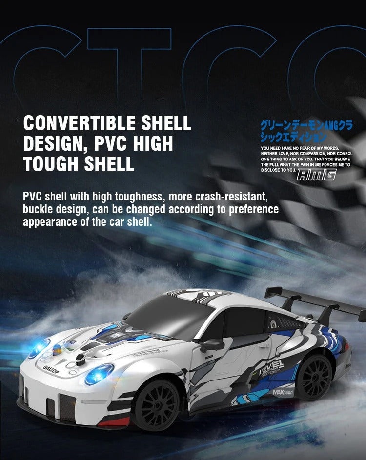 1:24 Scale 2.4GHz 4WD RC Drift Racing Car with LED Headlights PVC Body Spring Suspension High Speed Stunt Drift Remote Control Car for Kids description image 6
