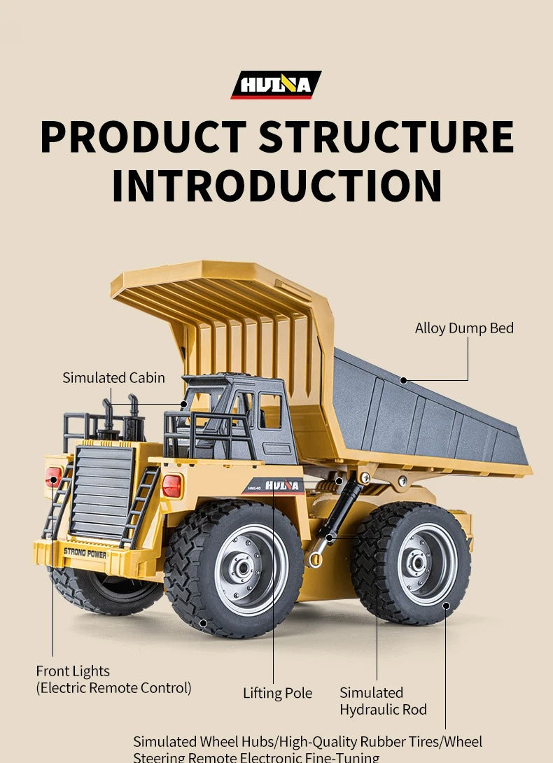 Huina 1533 - 1:18 RC Dump Truck 2.4GHz 9CH Alloy Tipping Construction Vehicle with Full Function Remote Control & LED Lights description image 5
