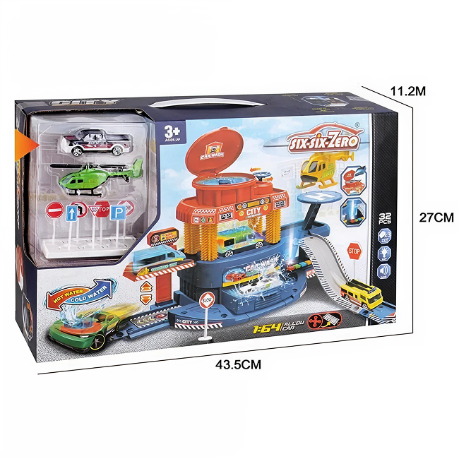 Multifunctional Urban Car Wash and City Parking Garage Playset with 1:64 Alloy Cars, Helicopter, Ramp Track & Color Change Car Toy Set