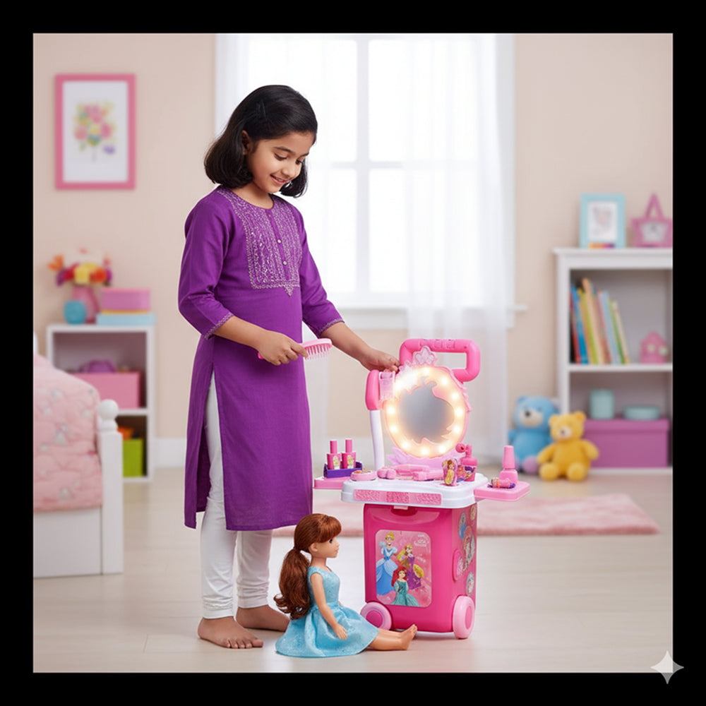 Princess Trolley Bag Dressing Set for Girls | Portable Beauty Salon Play Set with Mirror, Hair Dryer, 12 Makeup Accessories, Light & Sound Effects (Age 3+)