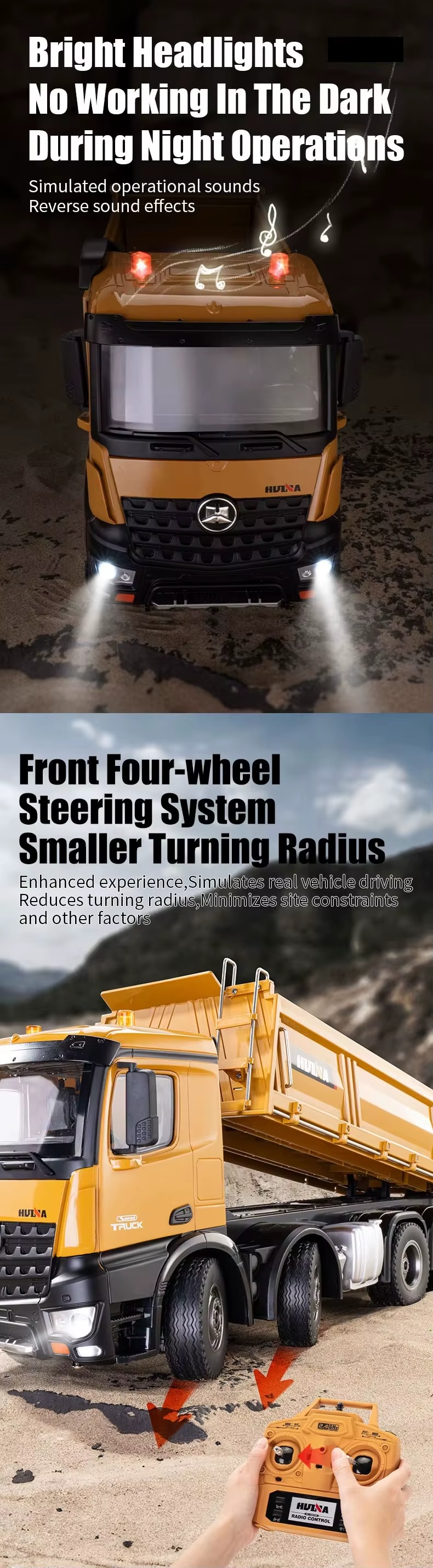 Huina 1536 1:14 RC Dump Truck | 12CH 8-Wheel Alloy Remote Control Construction Vehicle, Heavy Duty Engineering Truck Toy with 2.4GHz Control & Rechargeable Battery description image 6