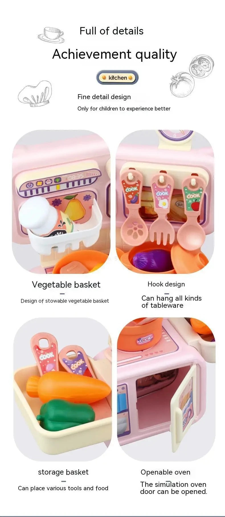 Mini Dream Kitchen Pretend Play Cooking Set with Cookware, Utensils, Vegetables, Sink & Storage Cabinet – Educational Role Play Toy for Kids 3+ Years description image 6