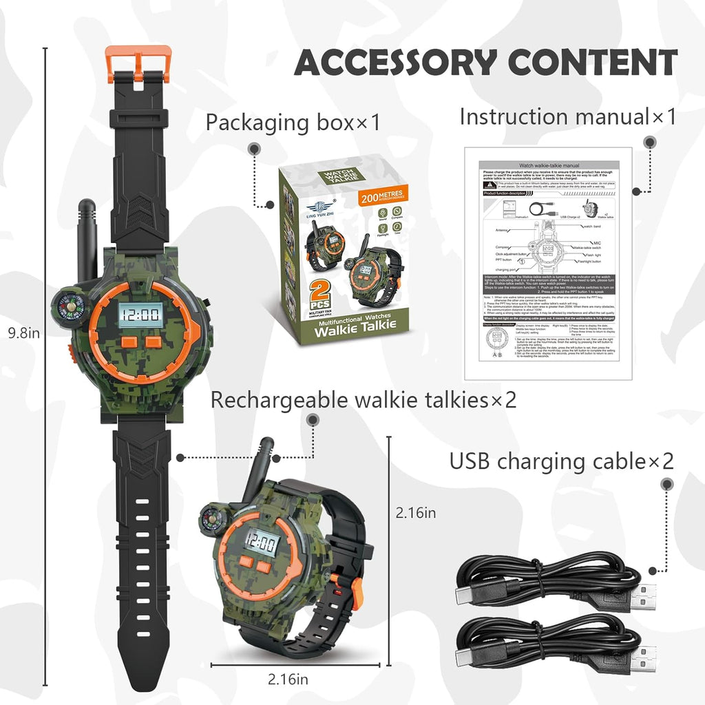 200M Long Range Walkie Talkie Watch Set for Kids with Flashlight, Compass & 2-Way Communication