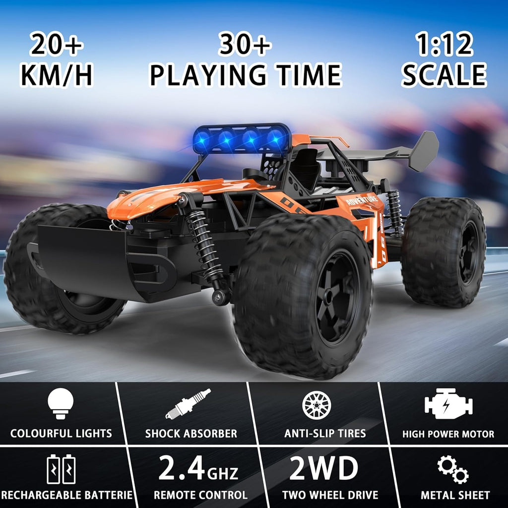 1:12 Scale Alloy RC Truck 2.4GHz High Speed 20km/h Remote Control Car RWD Metal Body Off-Road Vehicle with LED Lights, Durable Suspension, Long Range Racing Toy for Kids & Adults - 3699-057
