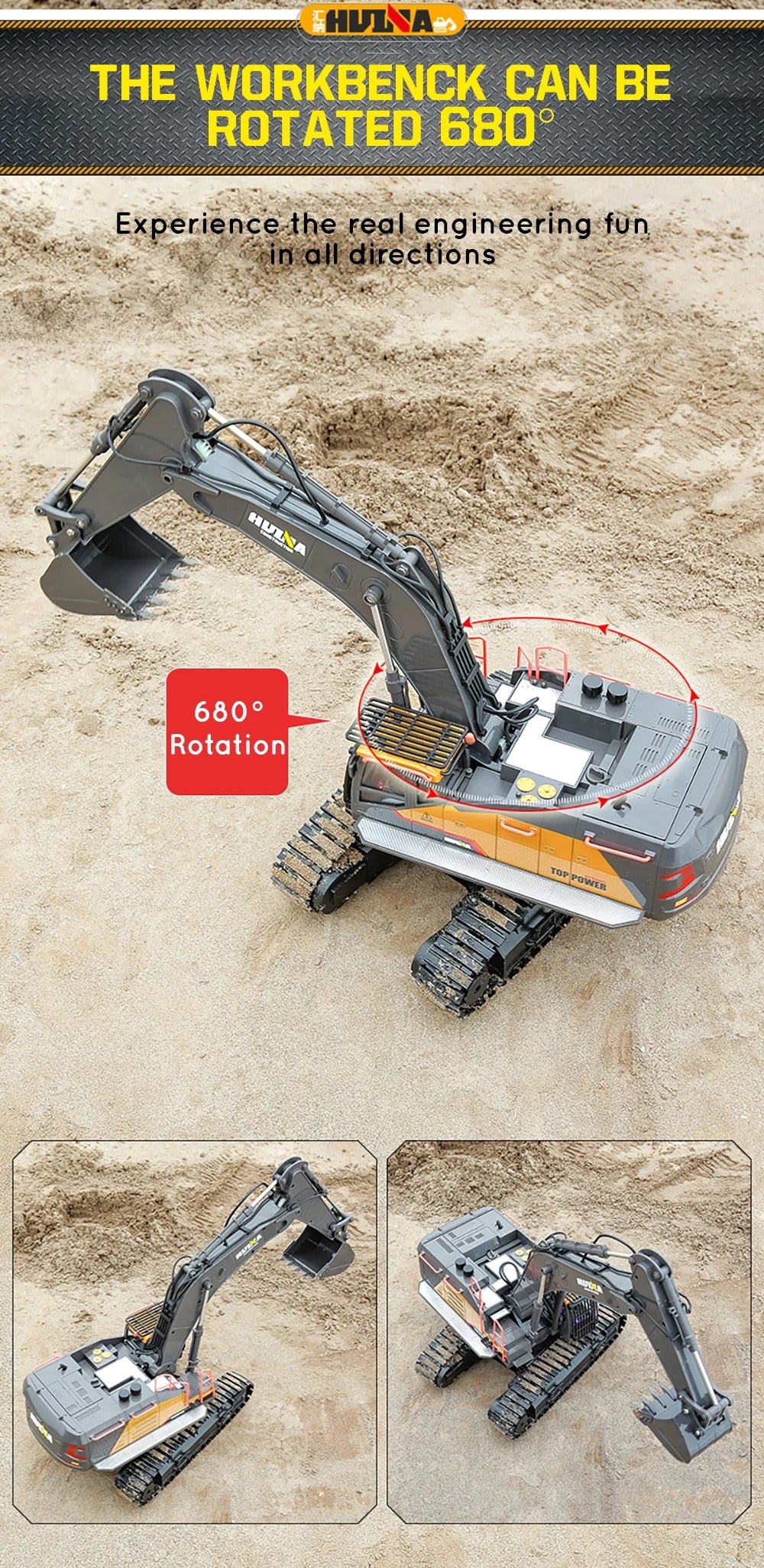 Huina 1592 - 1:14 RC Excavator | 2.4GHz 22CH Semi-Alloy Construction Digger with Metal Bucket, Realistic Lights & Sound description image 7