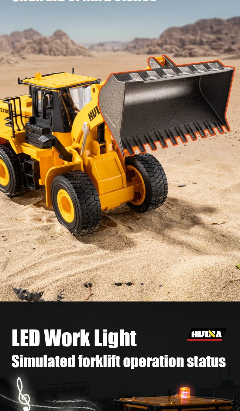 Huina 1552 - 1:16 RC Wheel Loader | 2.4GHz 11CH Semi-Alloy Front End Construction Loader with Metal Bucket, Lights & Sound description image 7