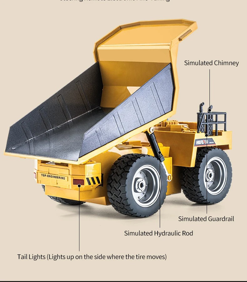 Huina 1533 - 1:18 RC Dump Truck 2.4GHz 9CH Alloy Tipping Construction Vehicle with Full Function Remote Control & LED Lights description image 6