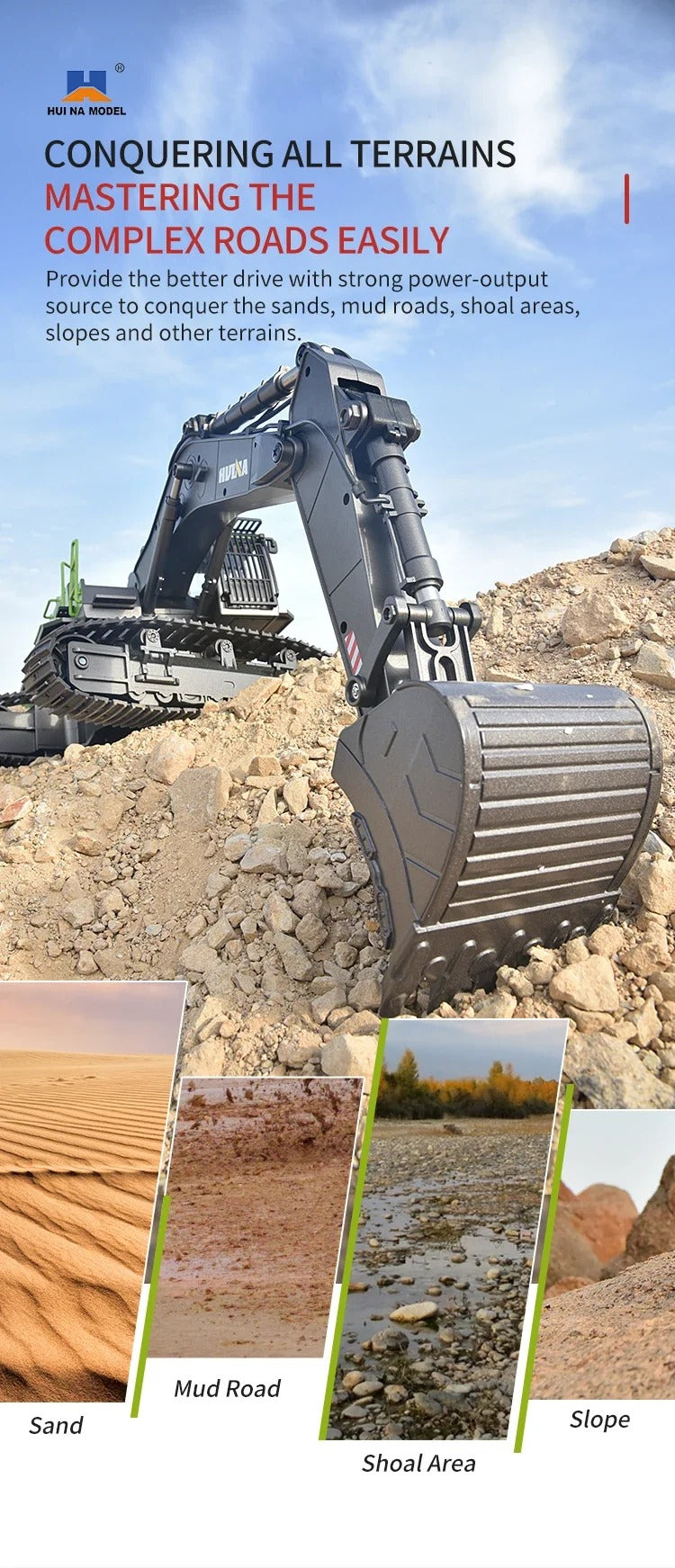 Huina 1593 - 1:14 RC Excavator | 2.4GHz 22CH Semi-Alloy Full Function Construction Digger with Realistic Lights & Sound description image 7