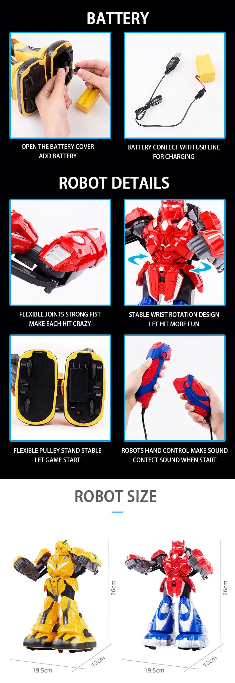 Interactive Boxing Battle Robot Toy Set for Kids | 2 Player Fighting Robots with Wired Controllers, Punch Action & Battle Game Fun description image 7