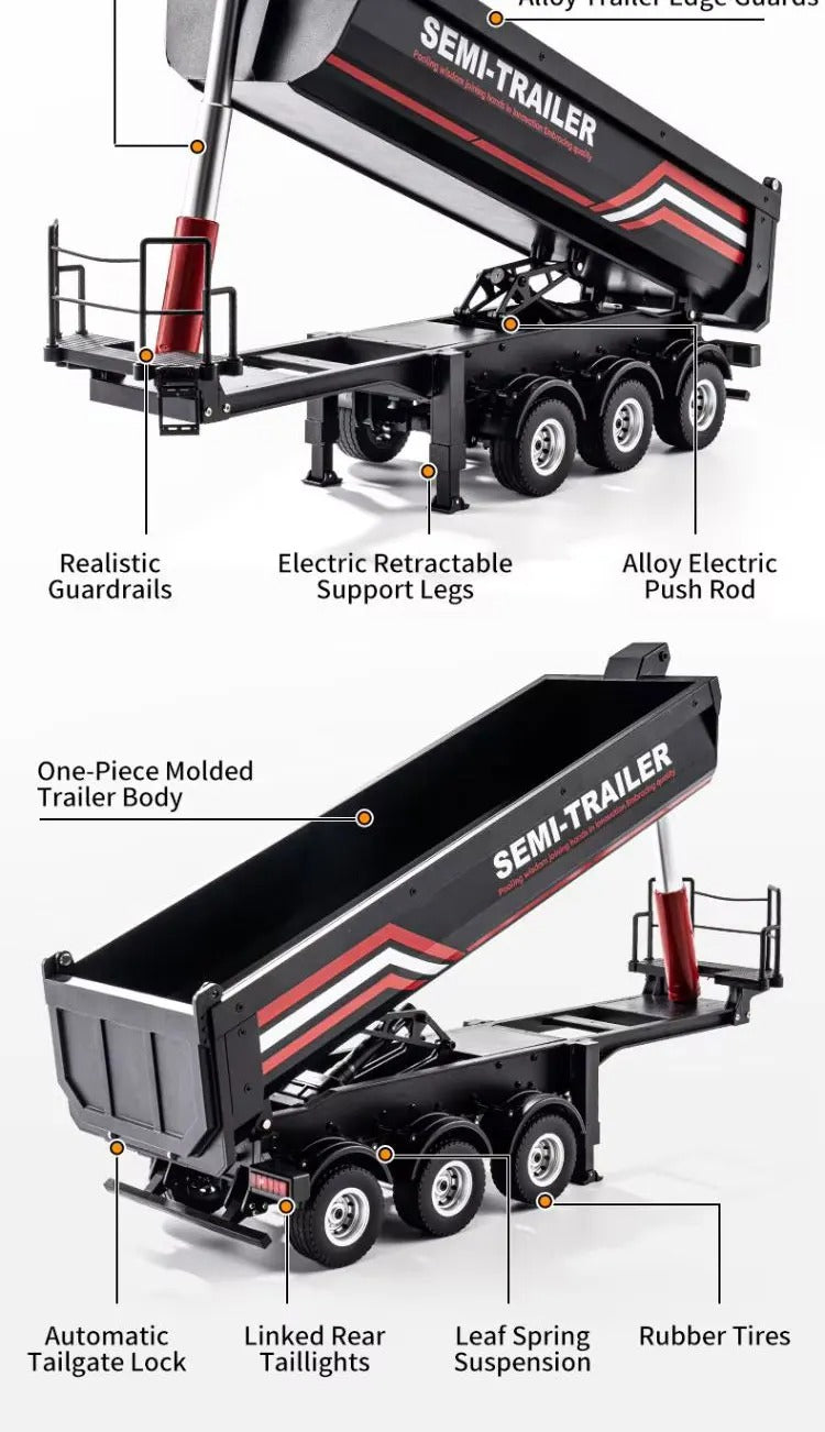 Huina 1509 - 1:18 Scale Official RC Electric Dump Semi Trailer for Huina 1501 Scania 770S, Alloy Construction, 2.4GHz Compatible, Electric Lifting Dump Bed, Rechargeable RTR Heavy Haul Trailer description image 7