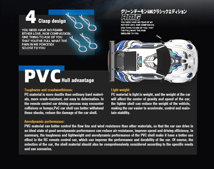 1:24 Scale 2.4GHz 4WD RC Drift Racing Car with LED Headlights PVC Body Spring Suspension High Speed Stunt Drift Remote Control Car for Kids description image 7