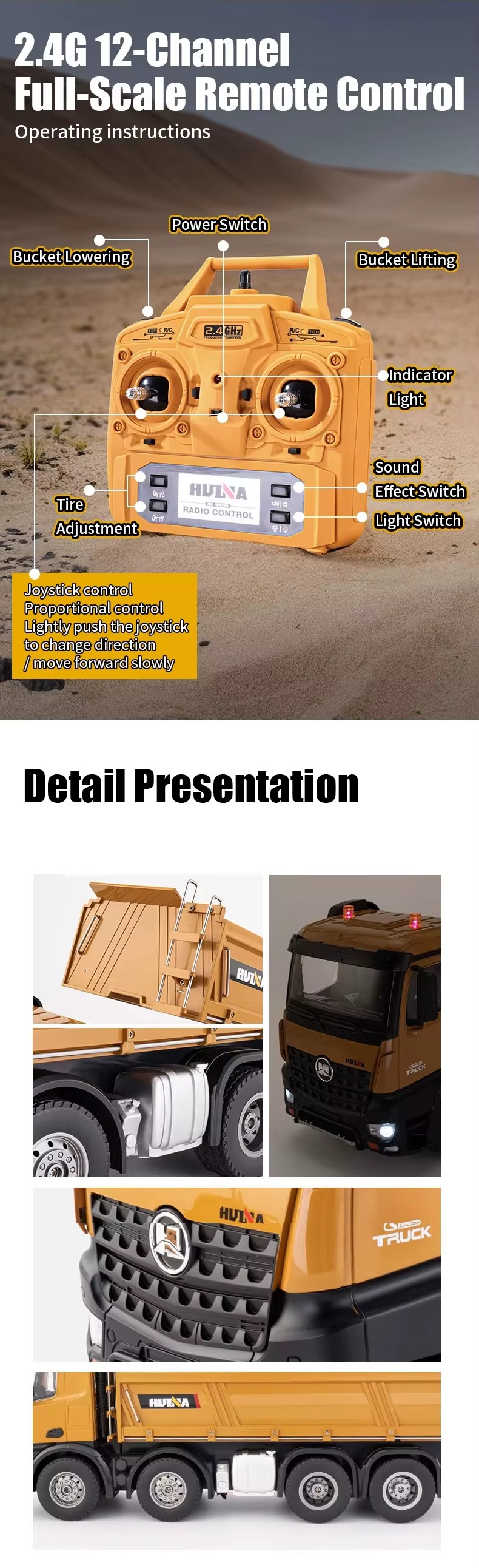 Huina 1536 1:14 RC Dump Truck | 12CH 8-Wheel Alloy Remote Control Construction Vehicle, Heavy Duty Engineering Truck Toy with 2.4GHz Control & Rechargeable Battery description image 7