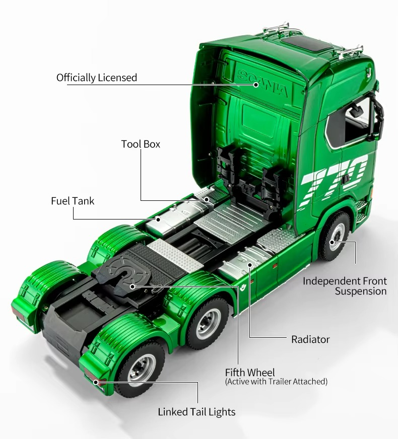 Huina 1501 - Scania 770S 1:18 RC Truck with Low Bed Trailer | 2.4GHz Full Function Heavy Duty Transport Hauler RTR description image 8
