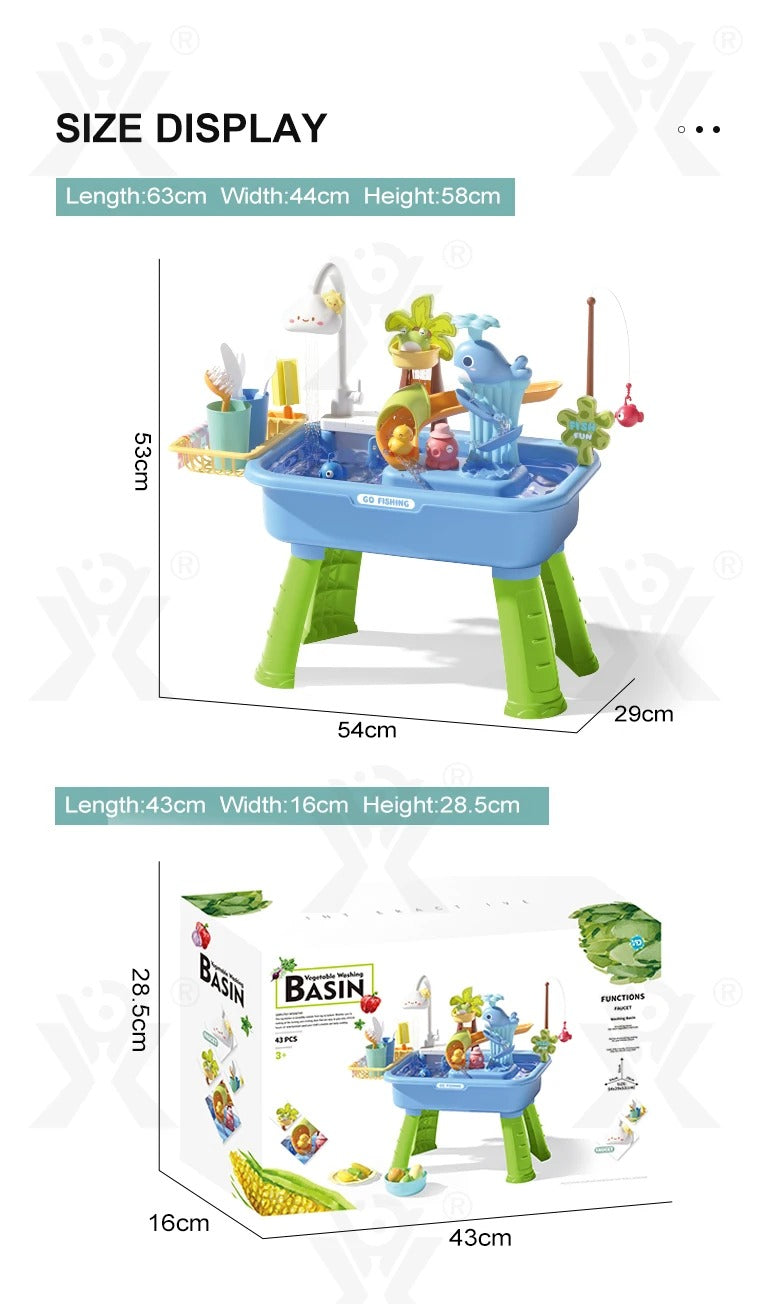 Vegetable Washing Basin Play Set 43 Pieces with Running Water Sink, Fishing Game & Kitchen Accessories for Kids 3+ Years description image 8