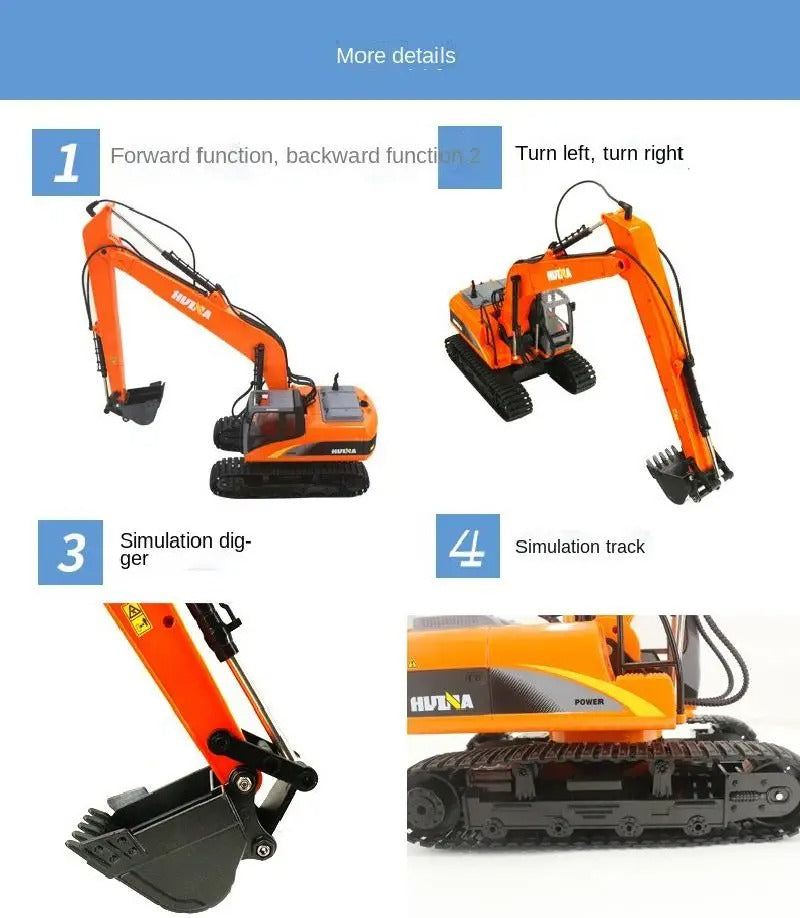Huina 1551 - 1:14 RC Long Arm Excavator | 2.4GHz 15CH Alloy Construction Digger with Metal Bucket, Lights & Sound description image 8