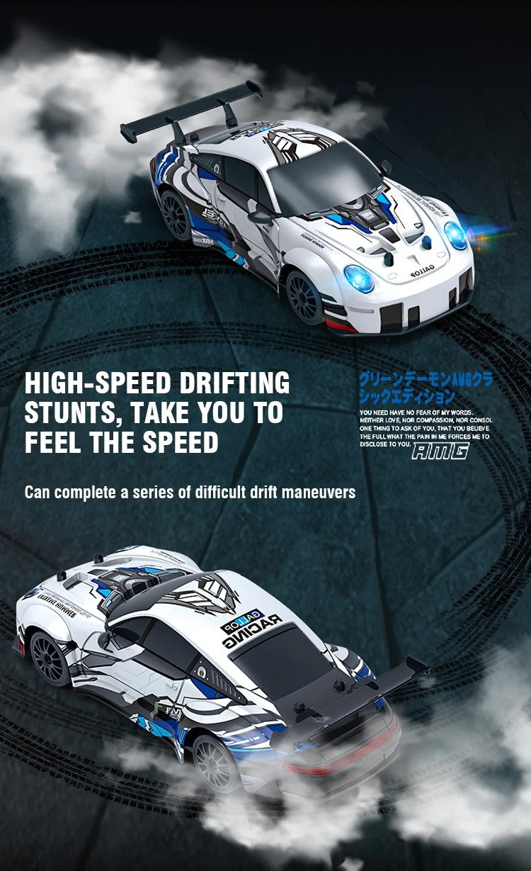 1:24 Scale 2.4GHz 4WD RC Drift Racing Car with LED Headlights PVC Body Spring Suspension High Speed Stunt Drift Remote Control Car for Kids description image 8