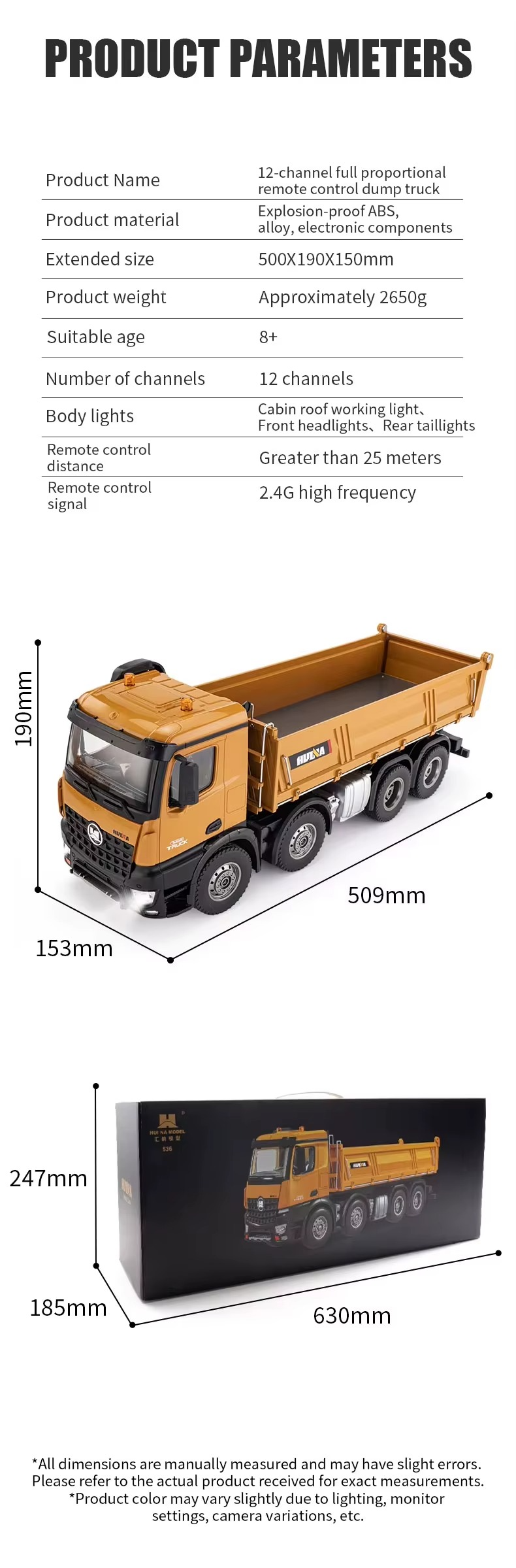 Huina 1536 1:14 RC Dump Truck | 12CH 8-Wheel Alloy Remote Control Construction Vehicle, Heavy Duty Engineering Truck Toy with 2.4GHz Control & Rechargeable Battery description image 8