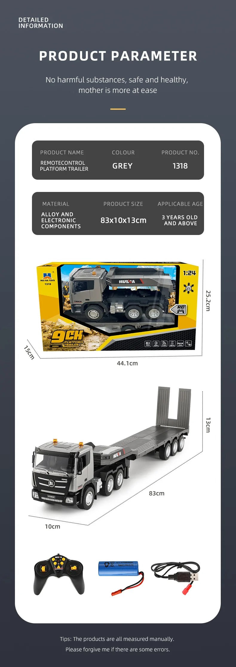 Huina 1318 - 1:18 Scale RC Low Bed Trailer Truck | 2.4GHz Full Function Heavy Duty Construction Transport Truck with Realistic Lights RTR description image 8