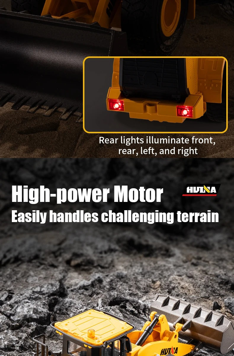 Huina 1552 - 1:16 RC Wheel Loader | 2.4GHz 11CH Semi-Alloy Front End Construction Loader with Metal Bucket, Lights & Sound description image 9