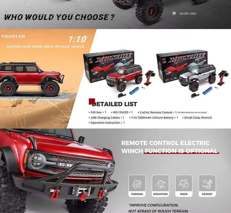 WLTOYS 104020 - 1:10 RC Rock Crawler | 4WD 2.4GHz Full Proportional Off-Road Climbing Truck with LED Lights & Scale Body description image 9