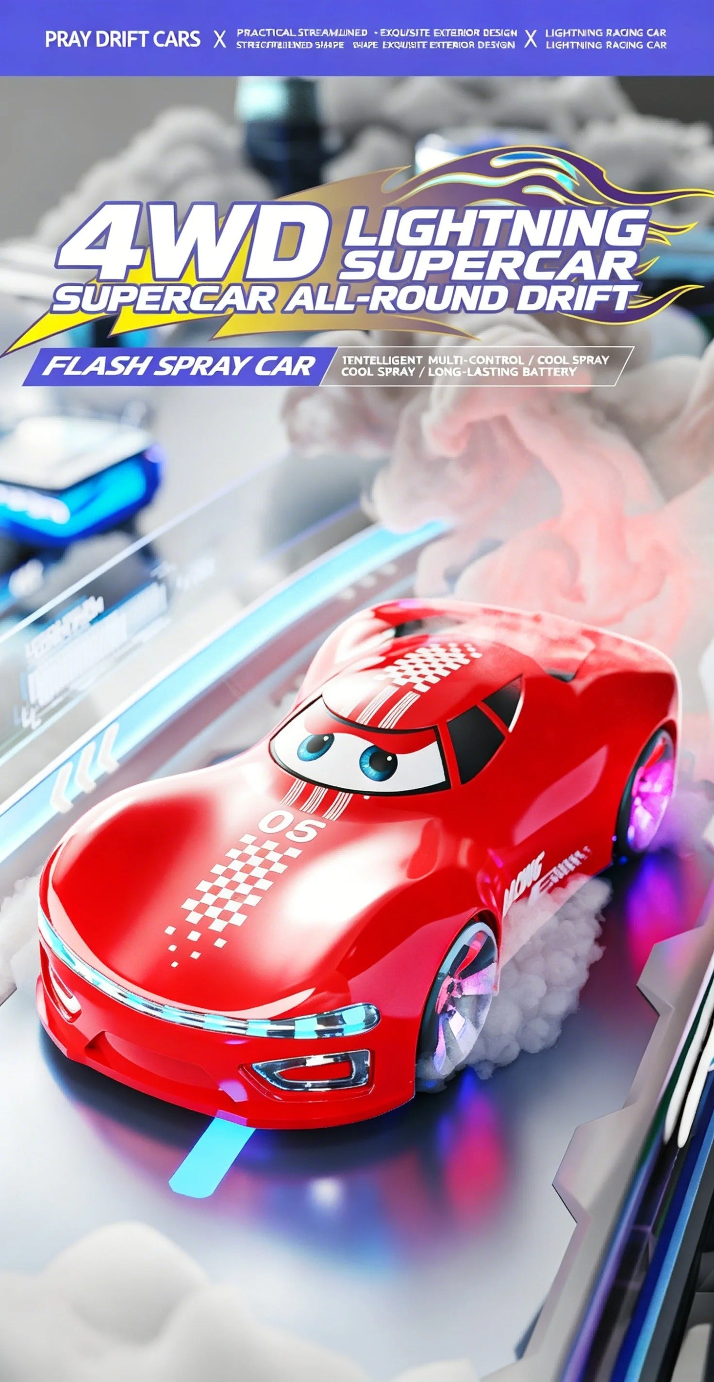 NEW ENERGY Drift Spray Remote Control Stunt Car for Kids, 4WD Rechargeable Sci-Fi Racing Car with 360° Rotation, Mecanum Wheels, Voice Control, Music, LED Lights and Water Spray Effect description image 1