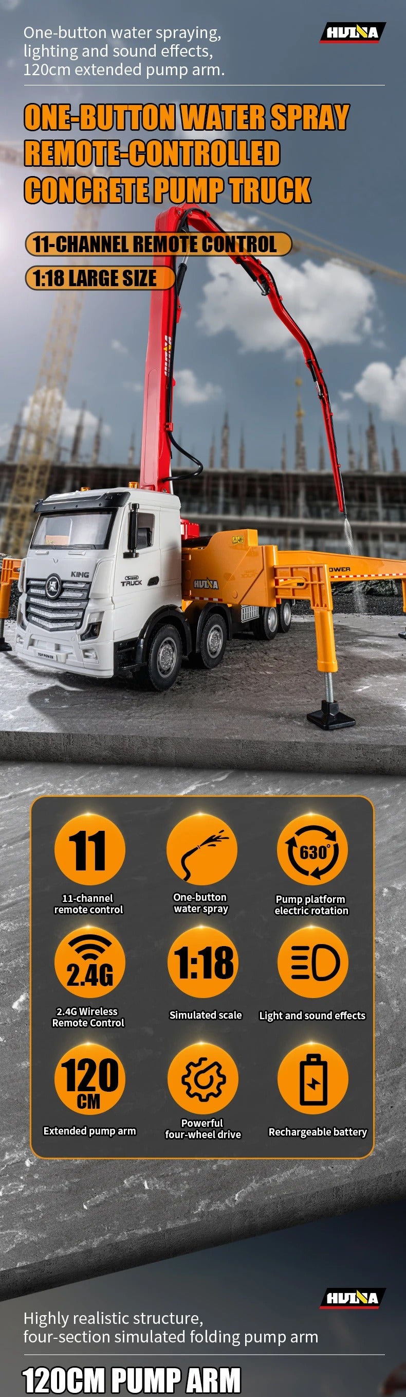 Huina 1381 - 1:18 11CH RC Concrete Pump Truck, 2.4GHz Remote-Control Construction Vehicle with Rotating Pump Arm, One-Key Water Spray, LED Lights, Sound Effects, Rechargeable Battery Included description image 1