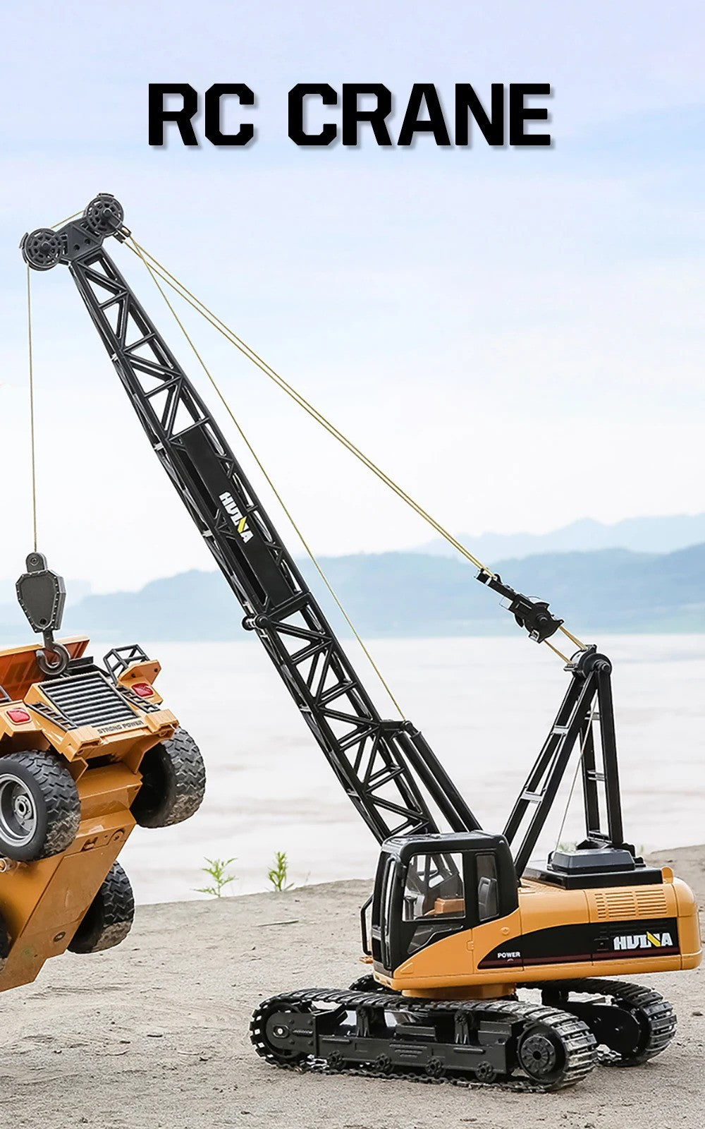 Huina 1572 - 1:14 RC Tracked Crane | 2.4GHz 15CH Alloy Construction Crawler with Grab Hook, Realistic Lights & Sound description image 1