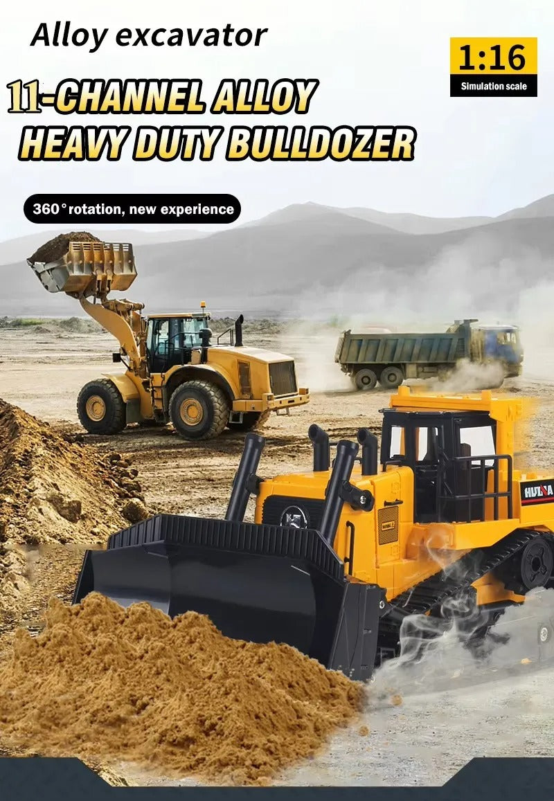 Huina 1554 - 1:16 11CH RC Bulldozer, Semi-Alloy Tracked Earthmover with 2.4GHz Remote Control, Motorized Metal Blade, Rear Ripper, LED Lights, Sound Effects, Rechargeable 3.7V 900mAh Battery description image 1