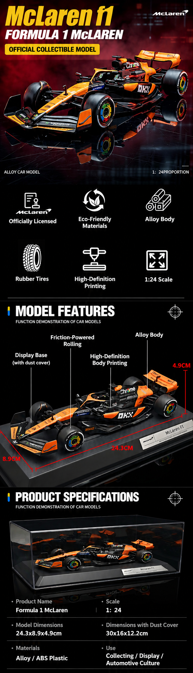 RW5224 McLaren MCL38 Formula 1 Die-Cast Model Car, 1:24 Scale, 2024 Miami Grand Prix Orange and Black Racing Livery description image 1