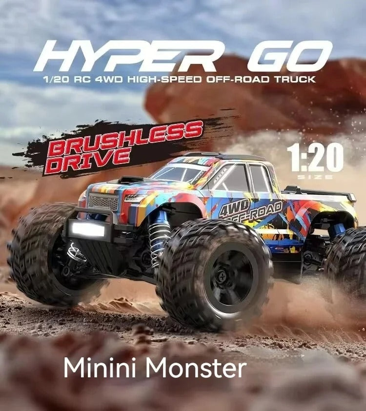 MJX Hyper Go 20208 - 1:20 4WD Brushless RC Monster Truck, 1806 4400KV Motor, 35A ESC, 39km/h, 7.4V 850mAh LiPo Battery, Oil-Filled Shocks, Metal Differential, 2.4GHz Radio, LED Lights description image 1