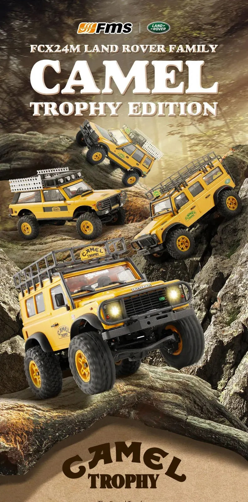 FMS FCX24M - 1:24 Land Rover Range Rover Camel Trophy RC Crawler, 4WD, ABS Hard Body, 050 35T Brushed Motor, 2-Speed Transmission, Metal Chassis Rails, Oil-Filled Shocks, 2.4GHz Radio, 2S Battery description image 1