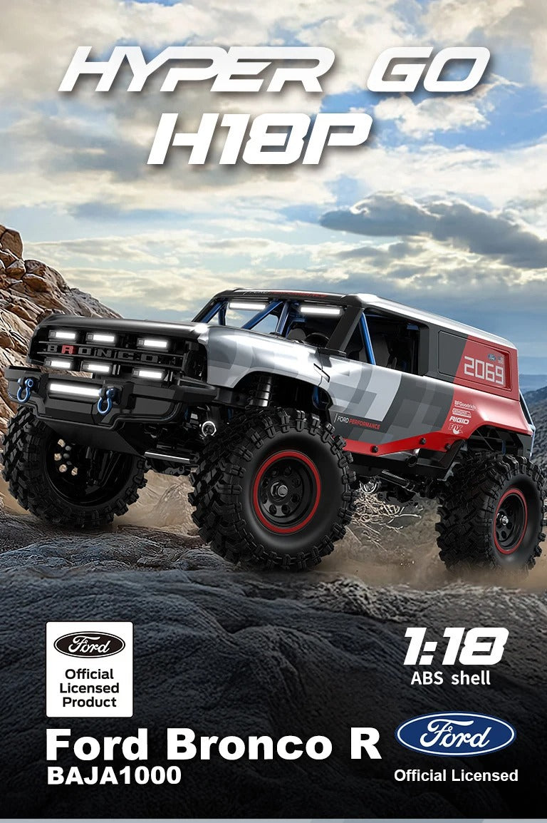 MJX Hyper Go H18P - Ford Bronco R Baja1000 1:18 4WD Brushless RC Crawler, 1606 4200KV Motor, 15A ESC, 3-Mode FWD/4WD/DIG, ABS Body, 2.4GHz 4-Channel Radio, 7.4V Battery, USB Charger & Accessories description image 1