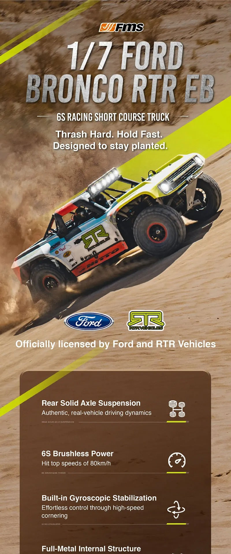 FMS 10702 RS25 - 1:7 Scale Ford Bronco U4 Funhaver 2025 Brushless RC Truck, 4WD, 80 km/h, 1600KV Motor, 150A ESC, Gyro Radio, LED Lights (Battery and Charger Not Included) description image 1