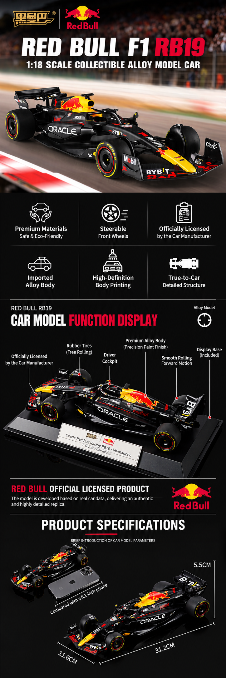 Black Mamba Oracle Red Bull Racing RB19 Formula 1 Die-Cast Model Car, 1:18 Scale, 2023 Racing Livery, Black and Yellow Collector Model description image 1