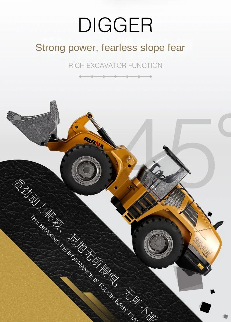 Huina 1583 - 1:14 24CH RC Wheel Loader, Semi-Alloy Construction Vehicle with 2.4GHz Remote Control, Working Metal Bucket and Loader Arm, LED Lights, Sound Effects, Rechargeable Battery Included description image 1