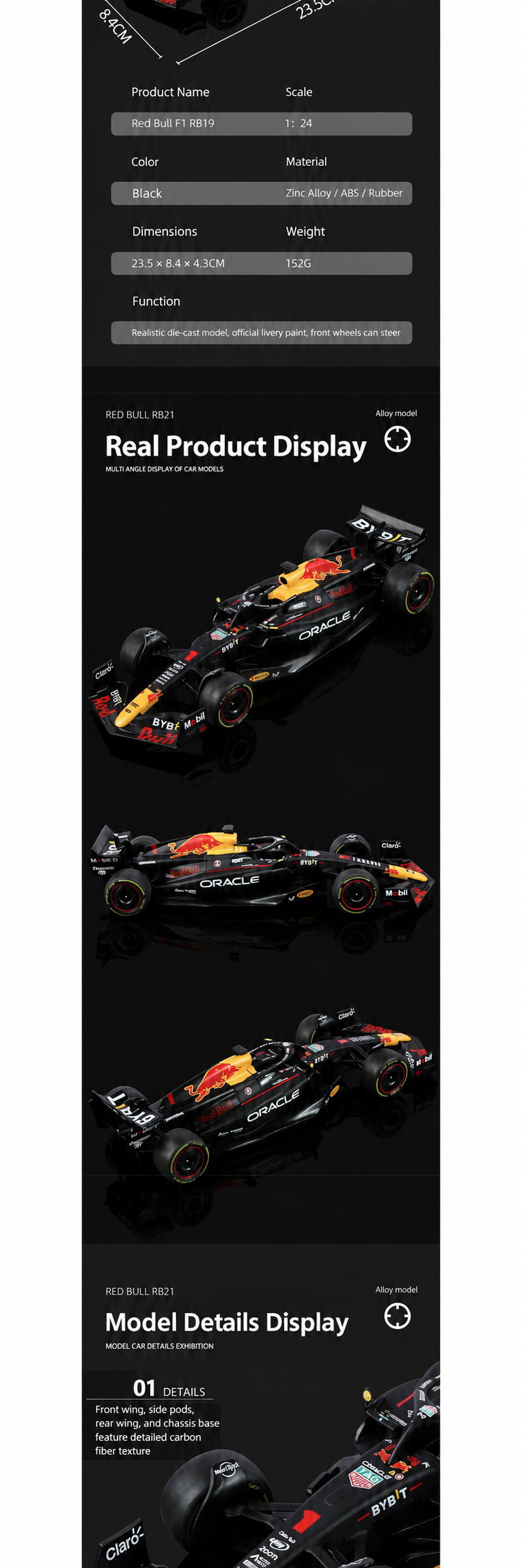 Black Mamba Oracle Red Bull Racing RB19 Formula 1 Die-Cast Model Car, 1:24 Scale, 2023 Racing Livery, Black and Yellow Collector Model description image 2