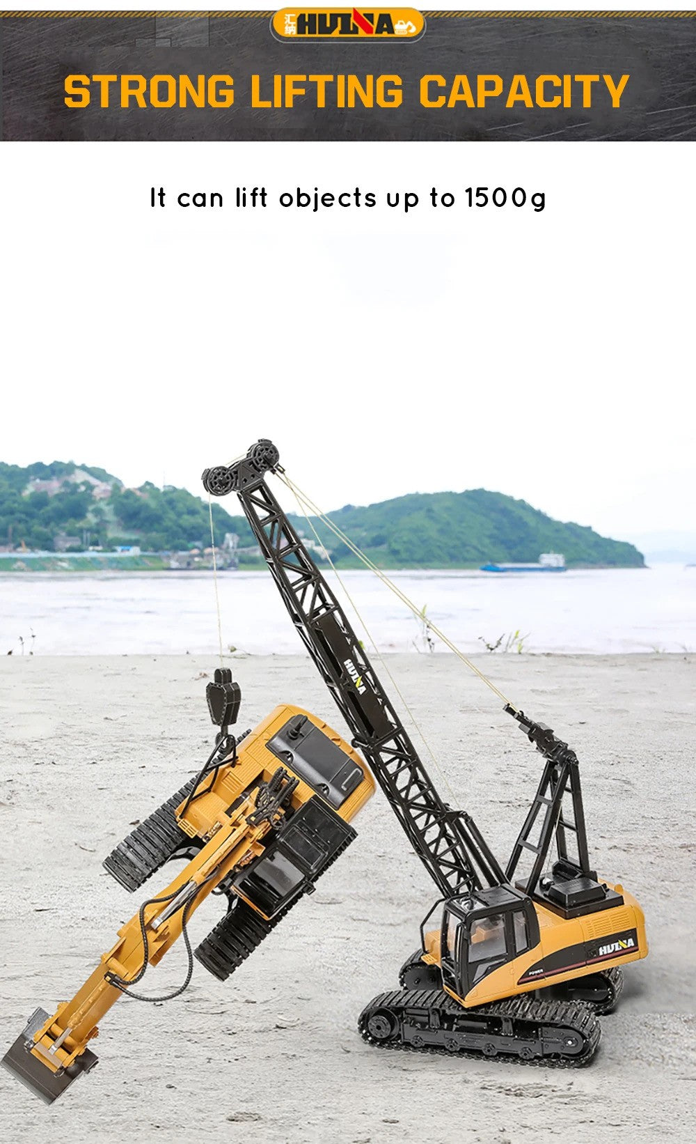 Huina 1572 - 1:14 RC Tracked Crane | 2.4GHz 15CH Alloy Construction Crawler with Grab Hook, Realistic Lights & Sound description image 2